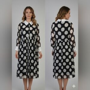 Dalia MacPhee Polka Dot Long Sleeve Dress In Black/White SZ L